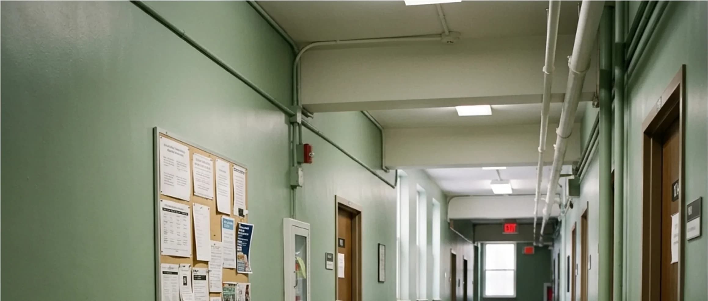 An empty clinic corridor receding with neutral doors and soft lighting.